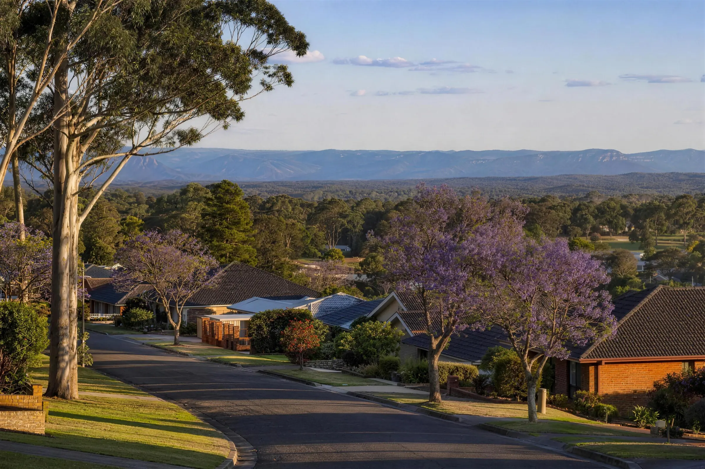 A tree-lined residential street in Western Sydney with the Blue Mountains on the horizon