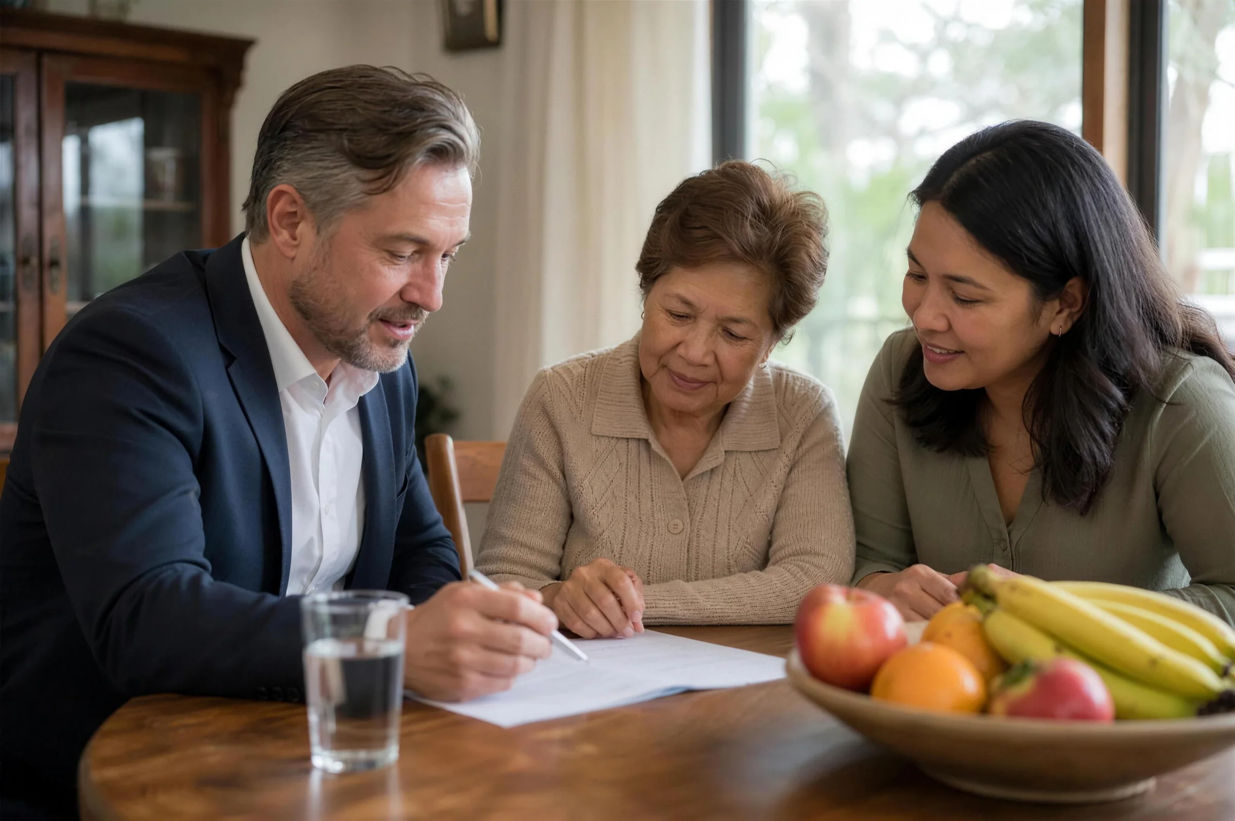 A care manager reviewing a printed care plan with an older woman and her daughter