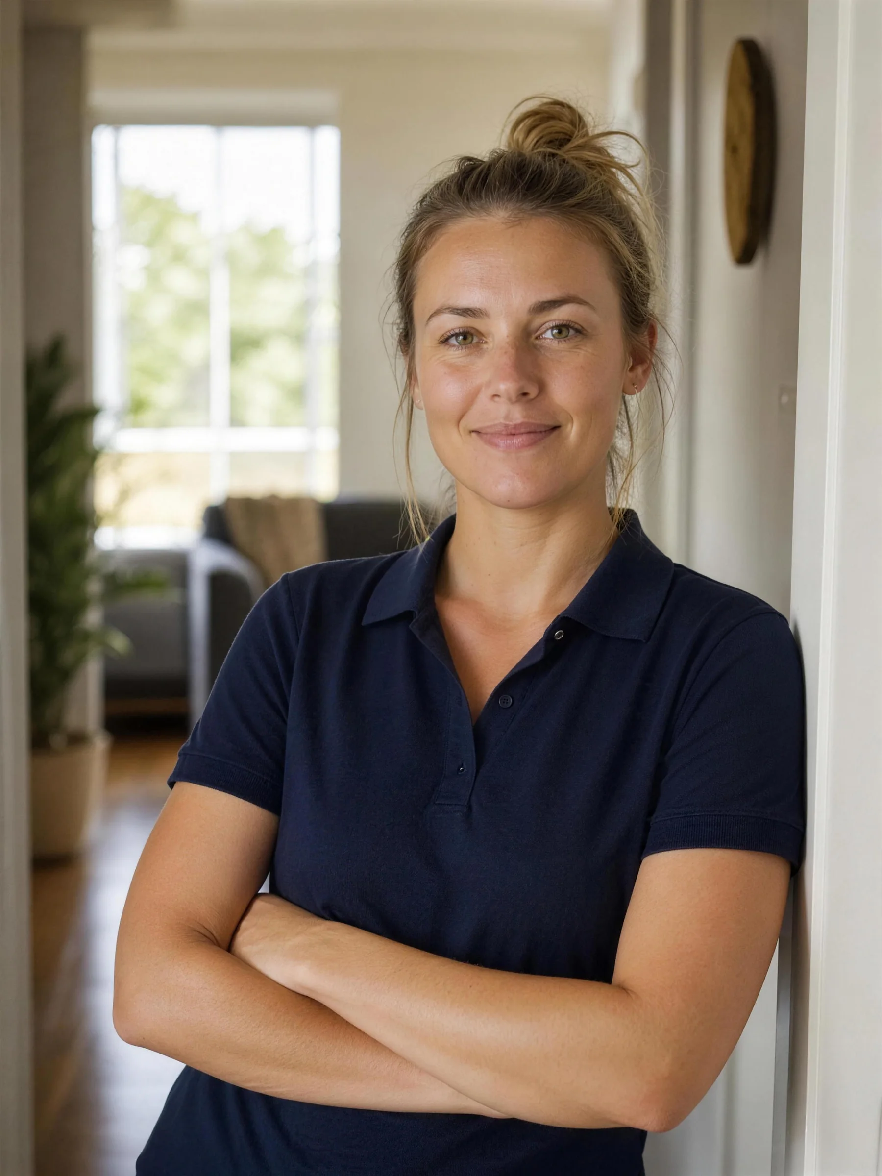 A confident support worker in a navy polo standing in a bright hallway