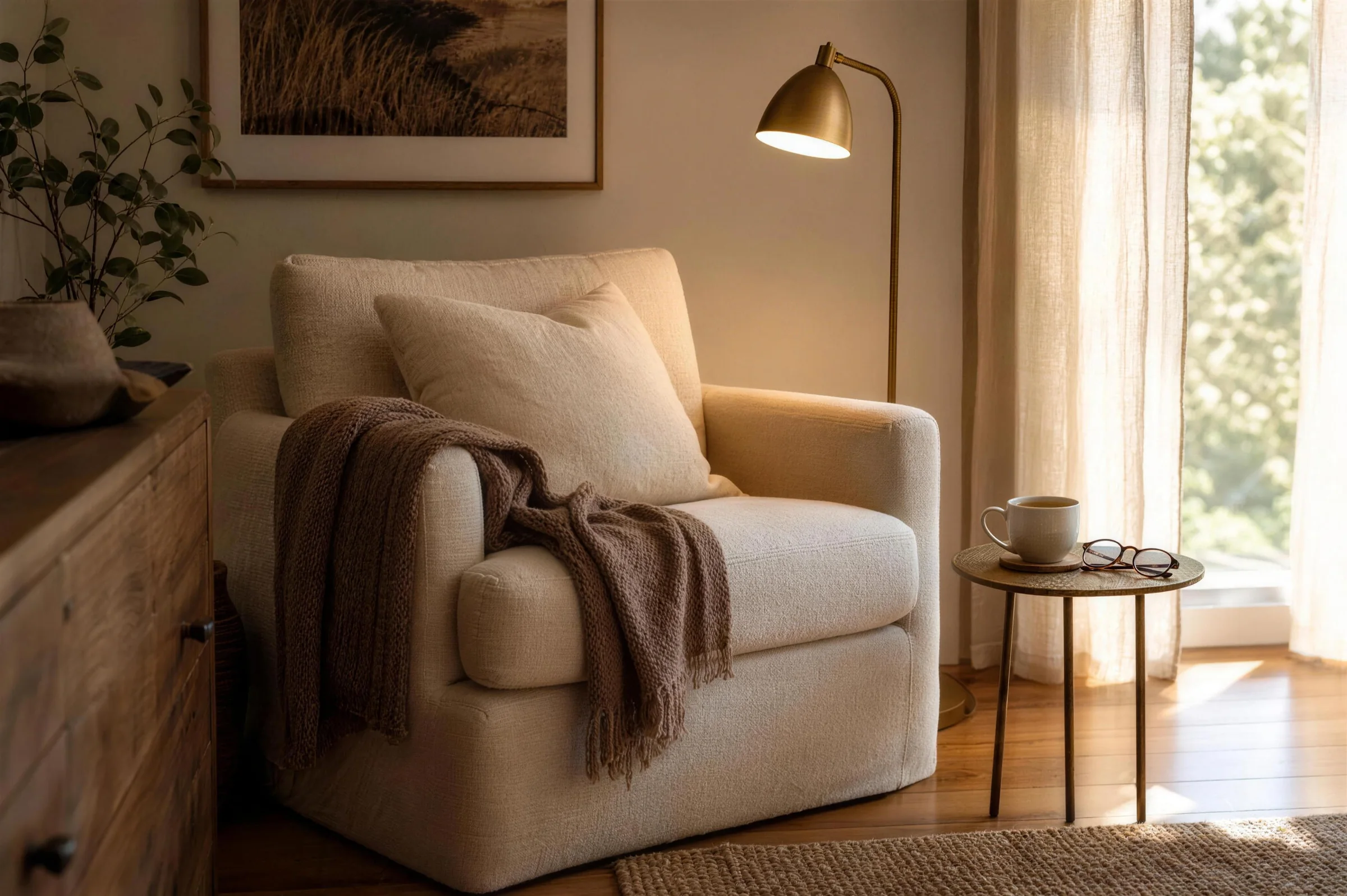 A warm living room corner with an armchair, lamp and cup of tea