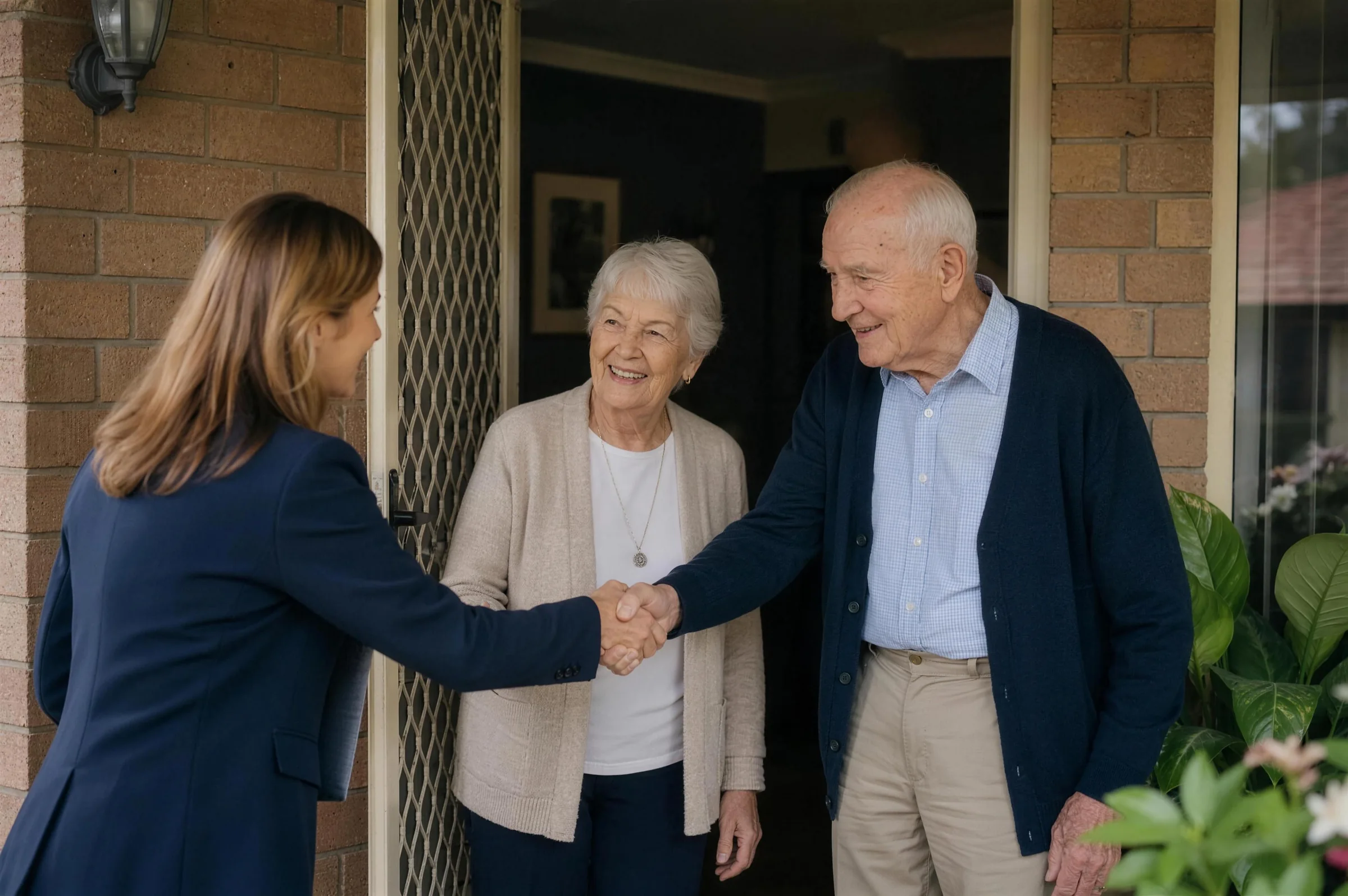 A care manager shaking hands with an elderly couple at their front door