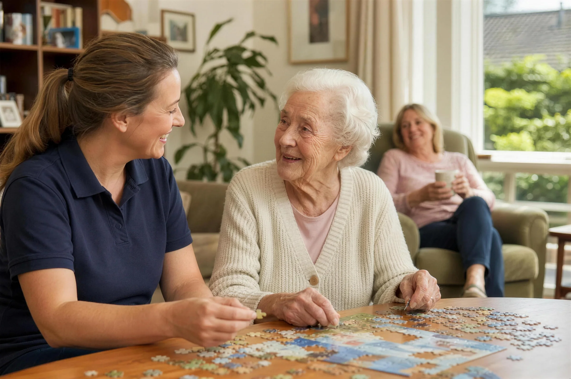 A support worker and an elderly woman doing a jigsaw puzzle while a family carer relaxes in the background