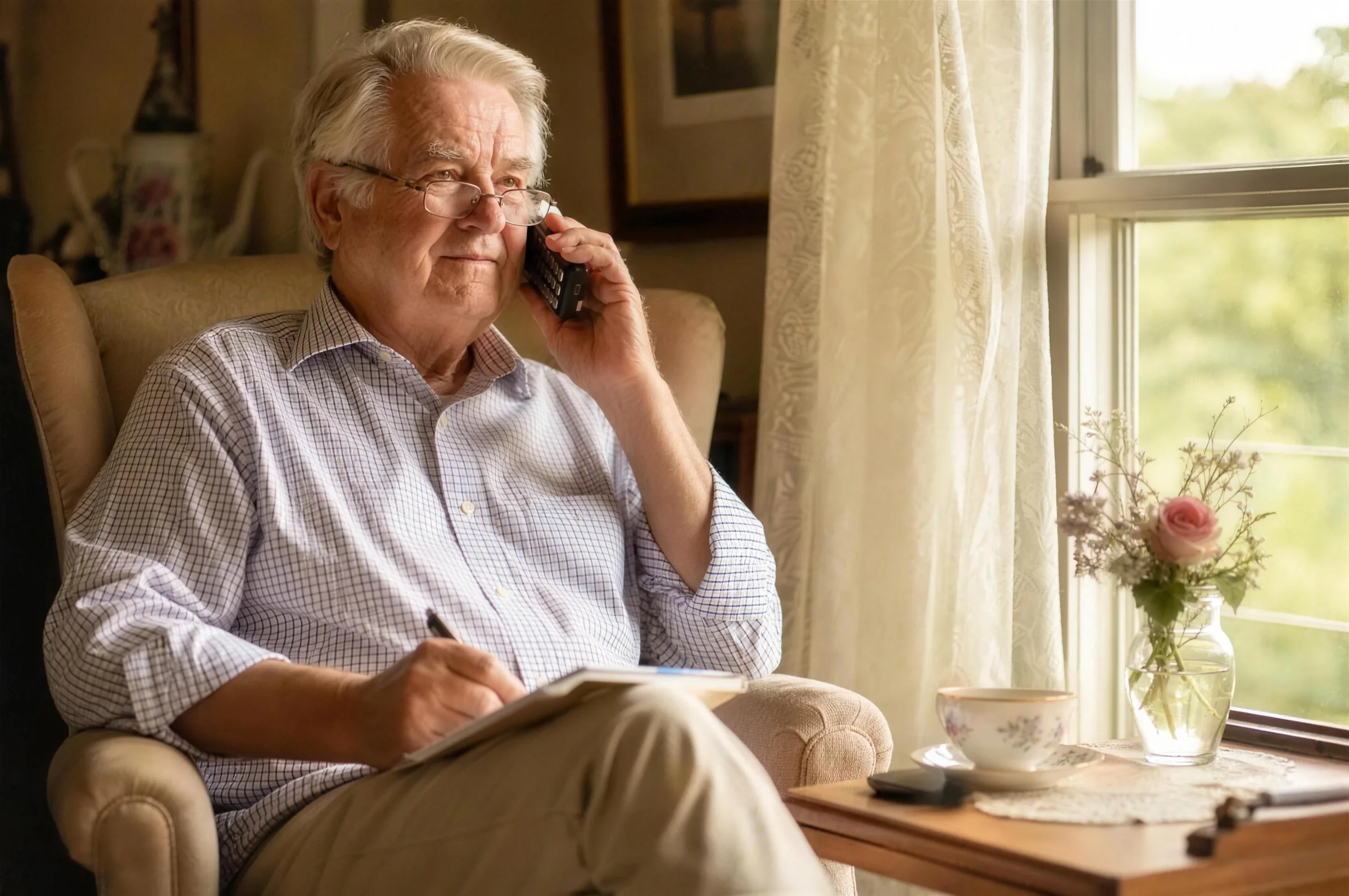 An older man on the phone by a sunny window with a notebook on his lap