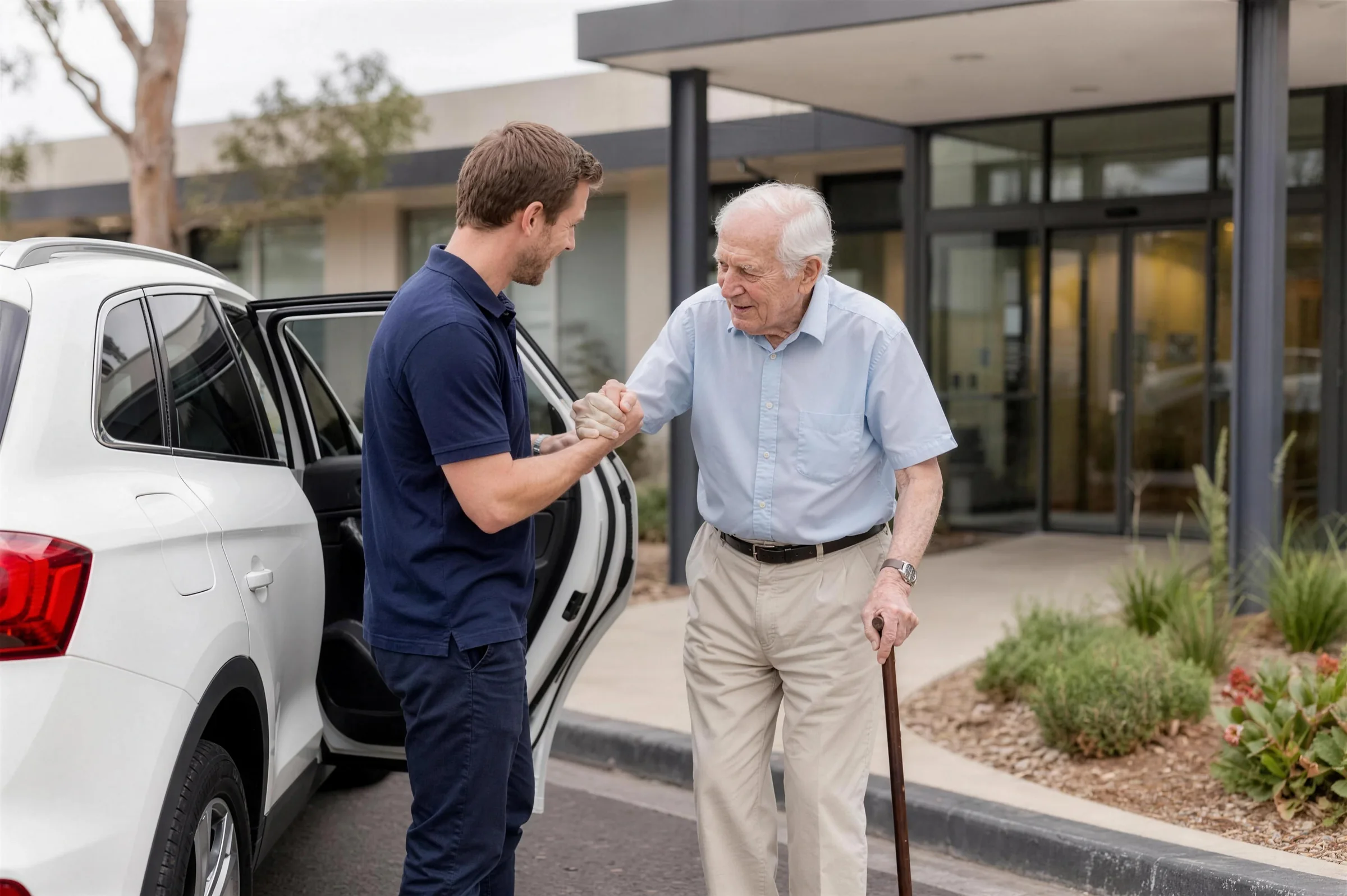 A support worker holding a car door open and steadying an elderly man outside a medical centre